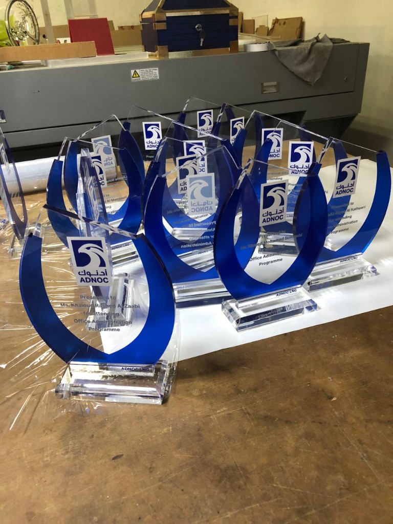 Batch of ADNOC LNG corporate acrylic awards in production