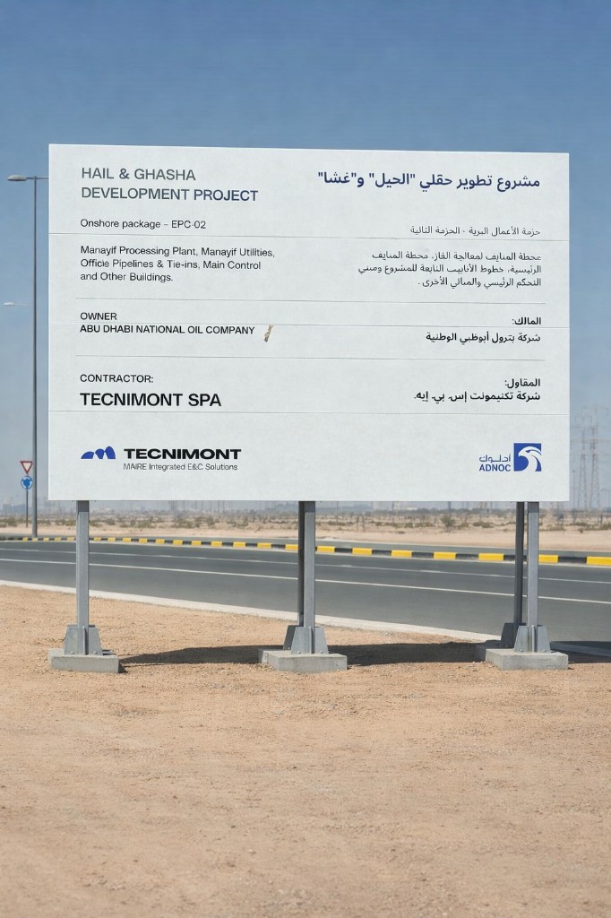 Large ADNOC project signboard on metal posts at desert site