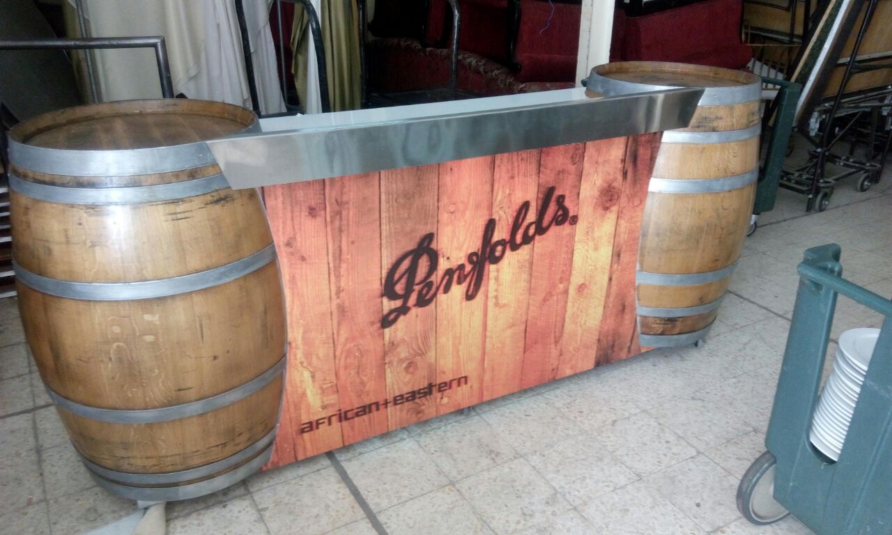 Custom barrel counter display stand with wood front