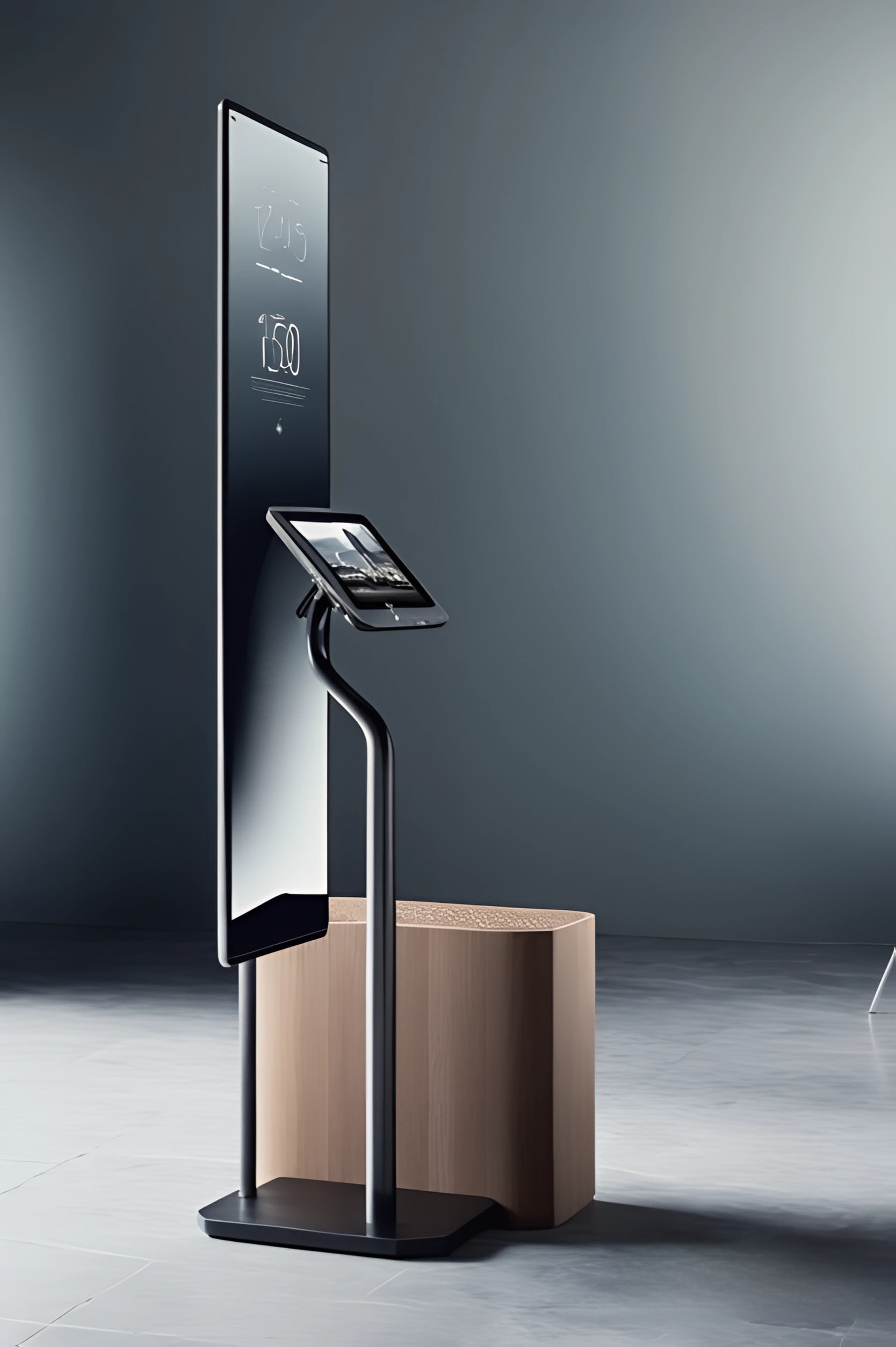 Black freestanding digital kiosk sign with touch screen