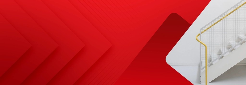 Red branding banner with modern staircase graphic