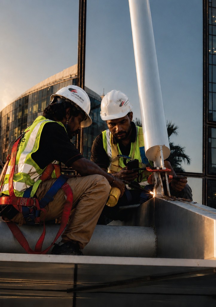 Cameo workers performing on-site metal fabrication with sparks