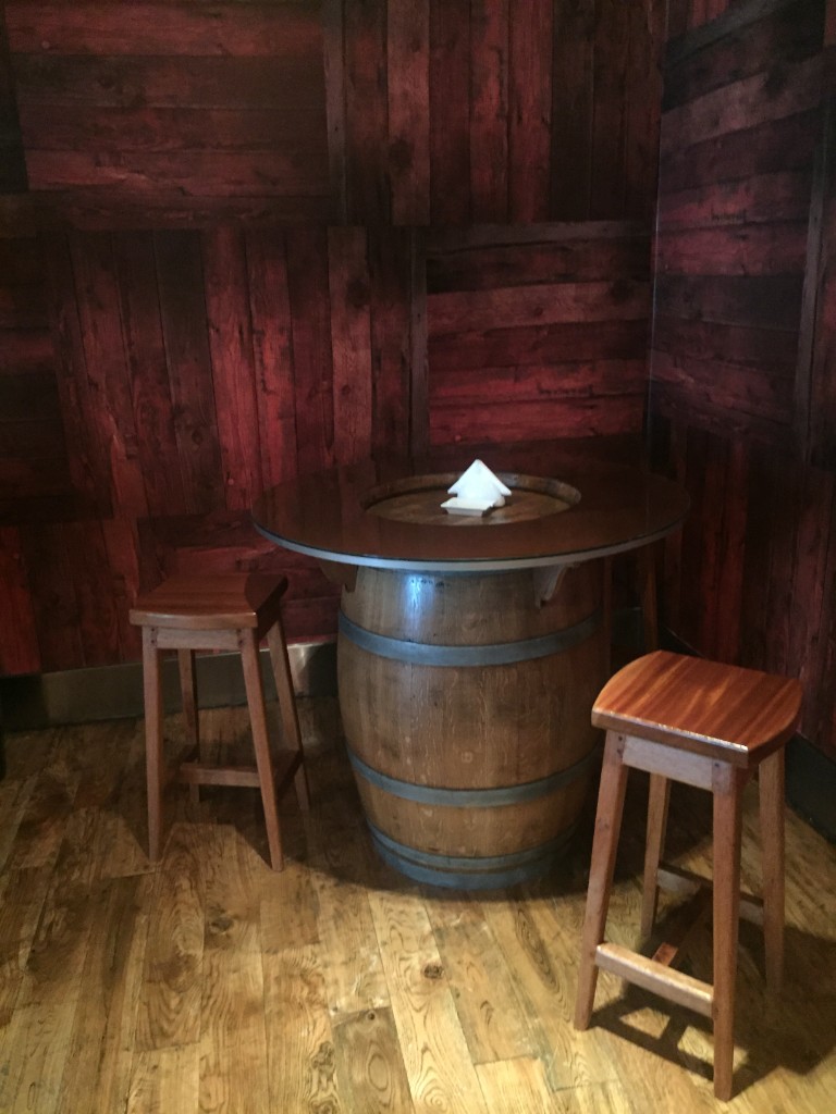 Custom barrel base bar table with matching wooden stools