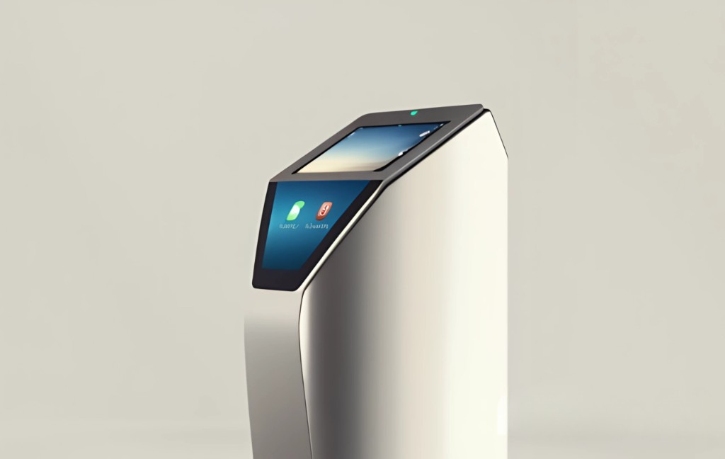 3D render of a dual-screen digital kiosk concept