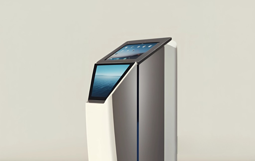 3D render of a geometric dual-screen digital kiosk