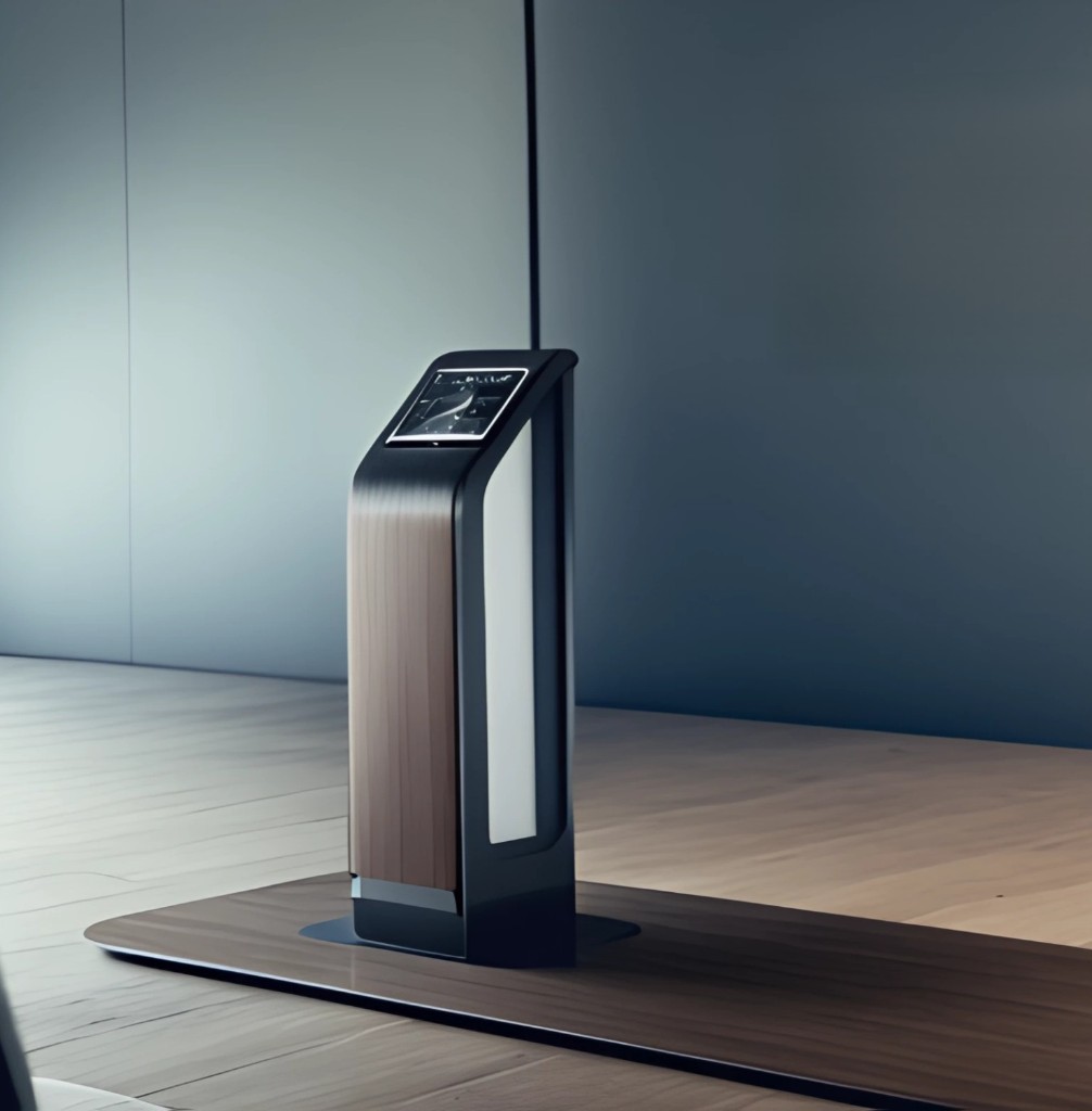 3D render of a wood-grain digital kiosk with touchscreen