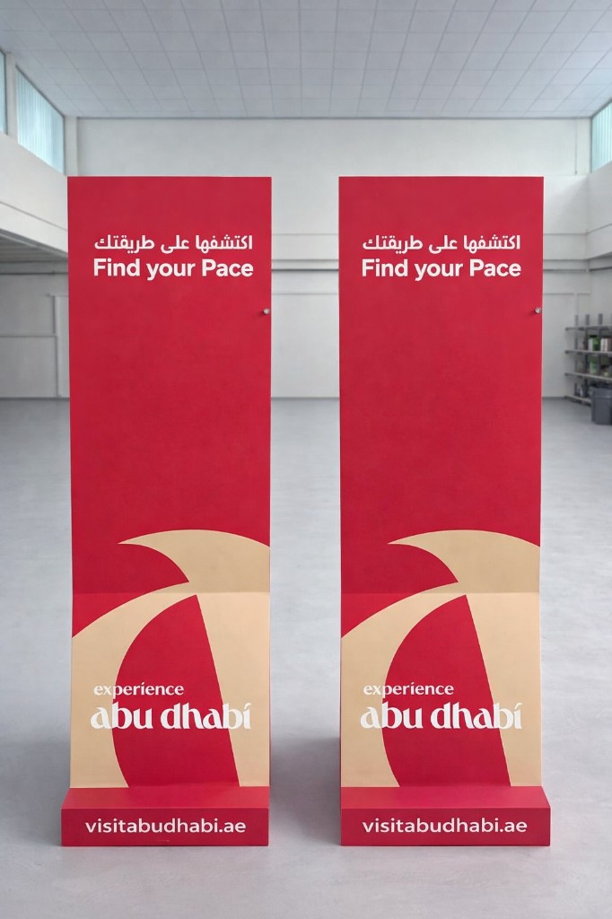 Experience Abu Dhabi red branding totems in workshop