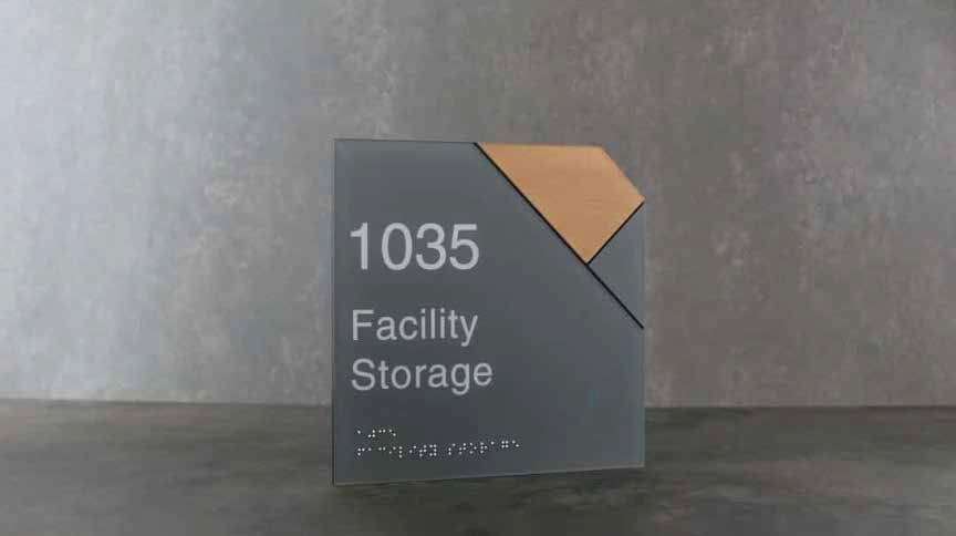Facility storage office door sign with geometric accent