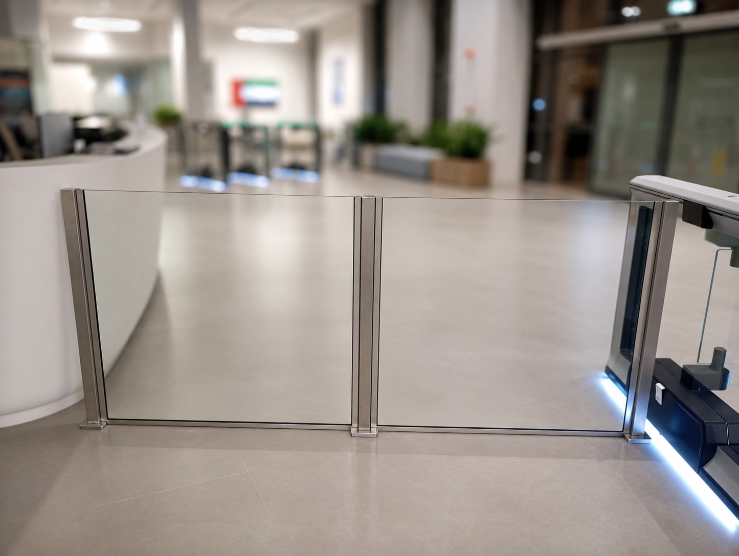 Glass gate barrier fit-out in modern lobby