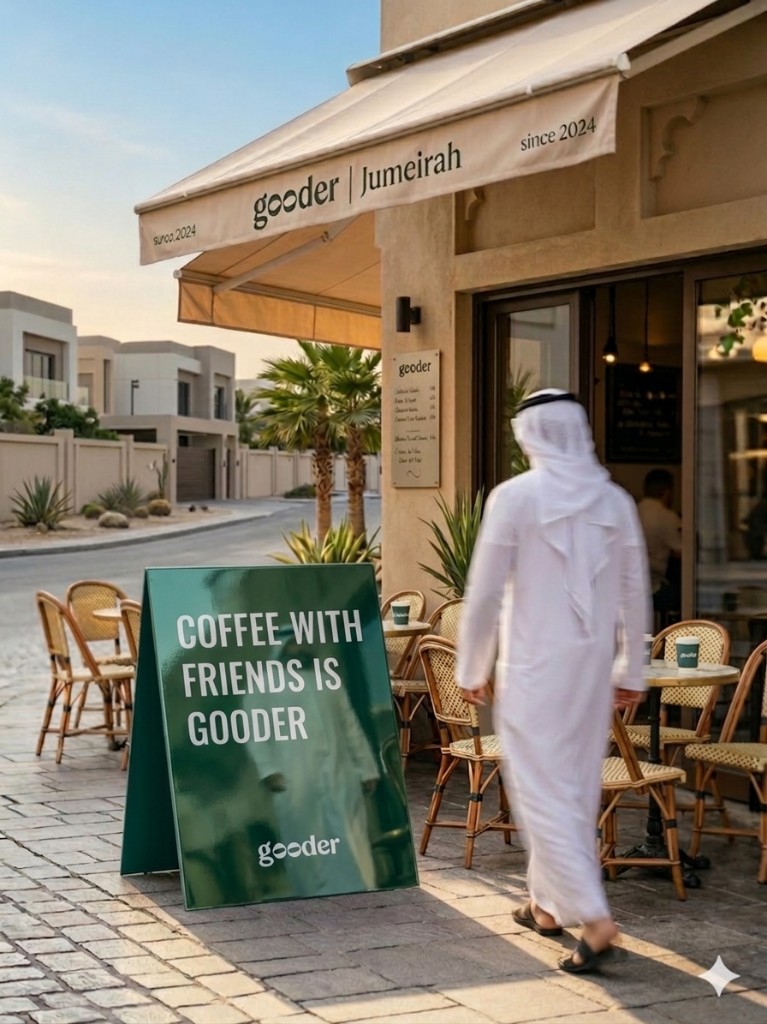gooder cafe A-frame sign and outdoor seating in Jumeirah