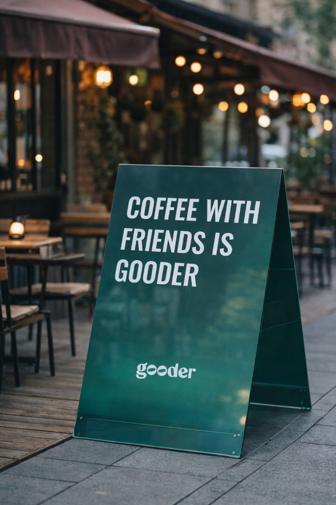 gooder cafe sidewalk A-frame sign at evening