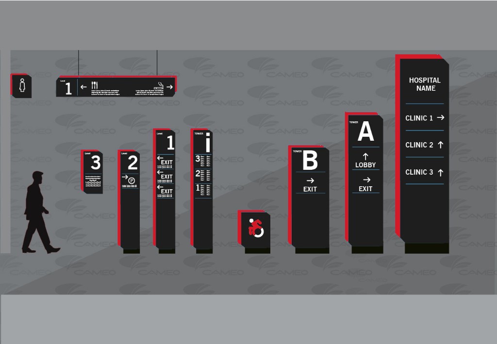 Hospital wayfinding signage system in red and black
