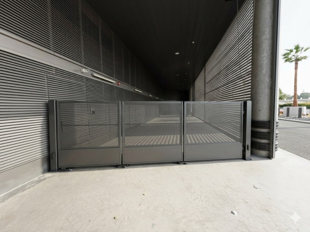 Perforated metal folding security gate closed in corridor