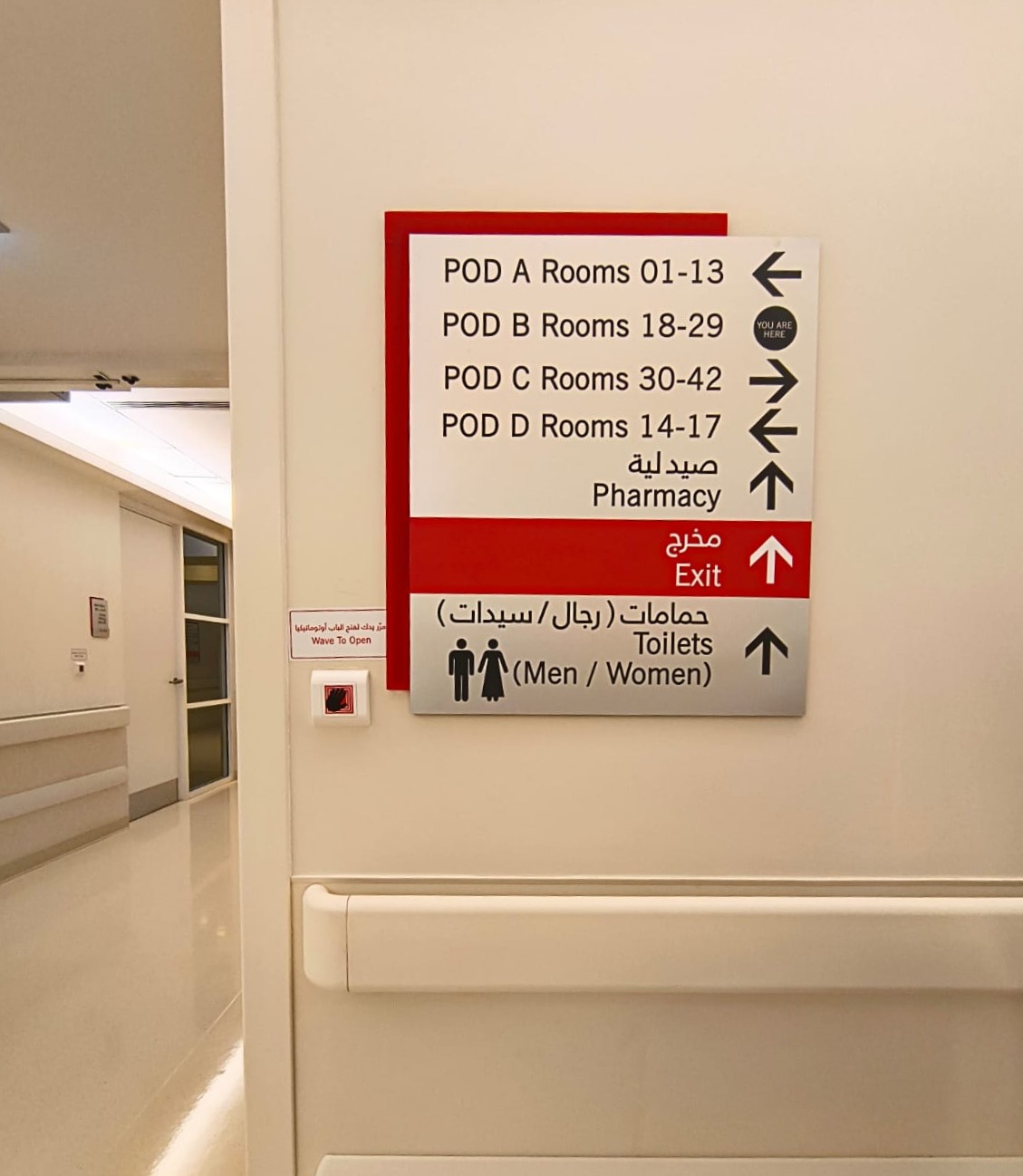 Interior clinic directional wall sign with arrows