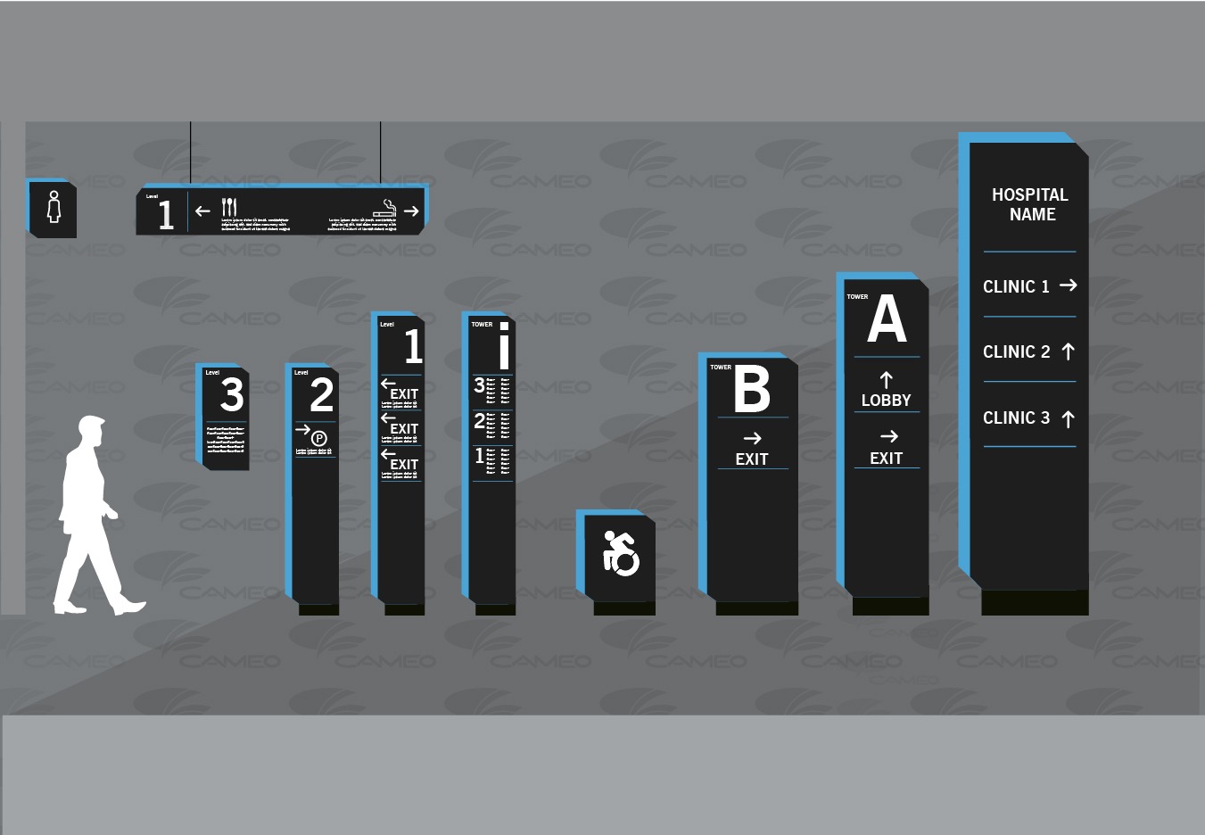 Interior wayfinding family concept with black directional markers