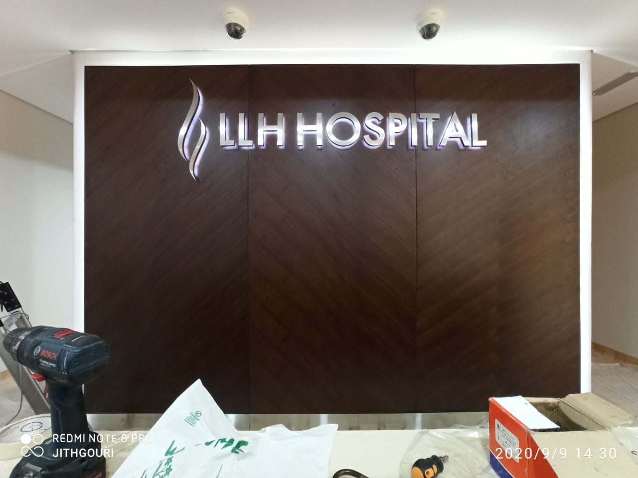 LLH Hospital illuminated reception wall sign