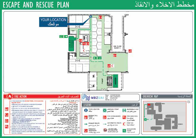MBZUAI escape and rescue plan for 2nd Floor Block C with bilingual fire action instructions