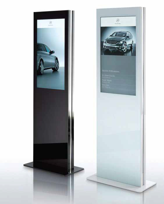 Black and white Mercedes-Benz digital kiosk display stands
