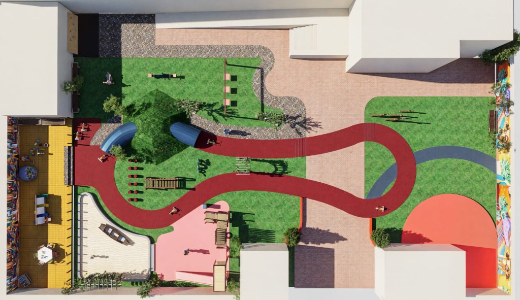 Aerial render of a modern courtyard playground design