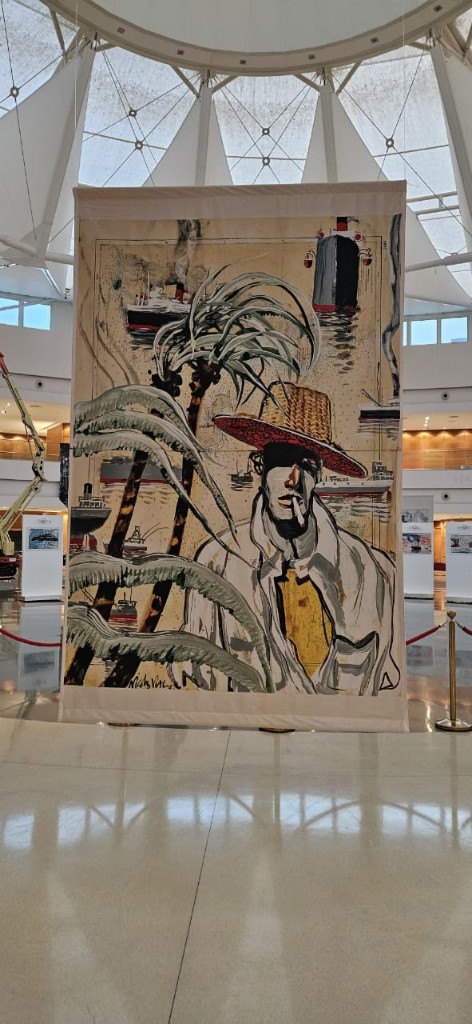Nicolas Vial palm trees and ships illustration on fabric banner