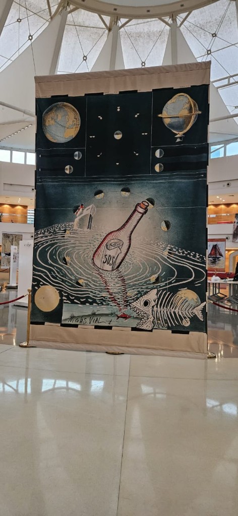 Nicolas Vial SOS bottle illustration on large fabric banner