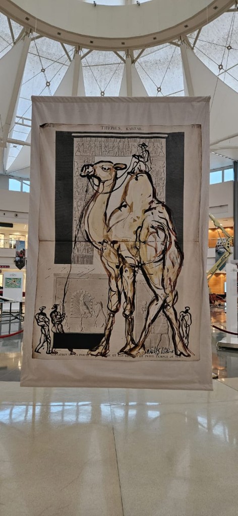 Nicolas Vial Thebes Karnak camel illustration on fabric banner
