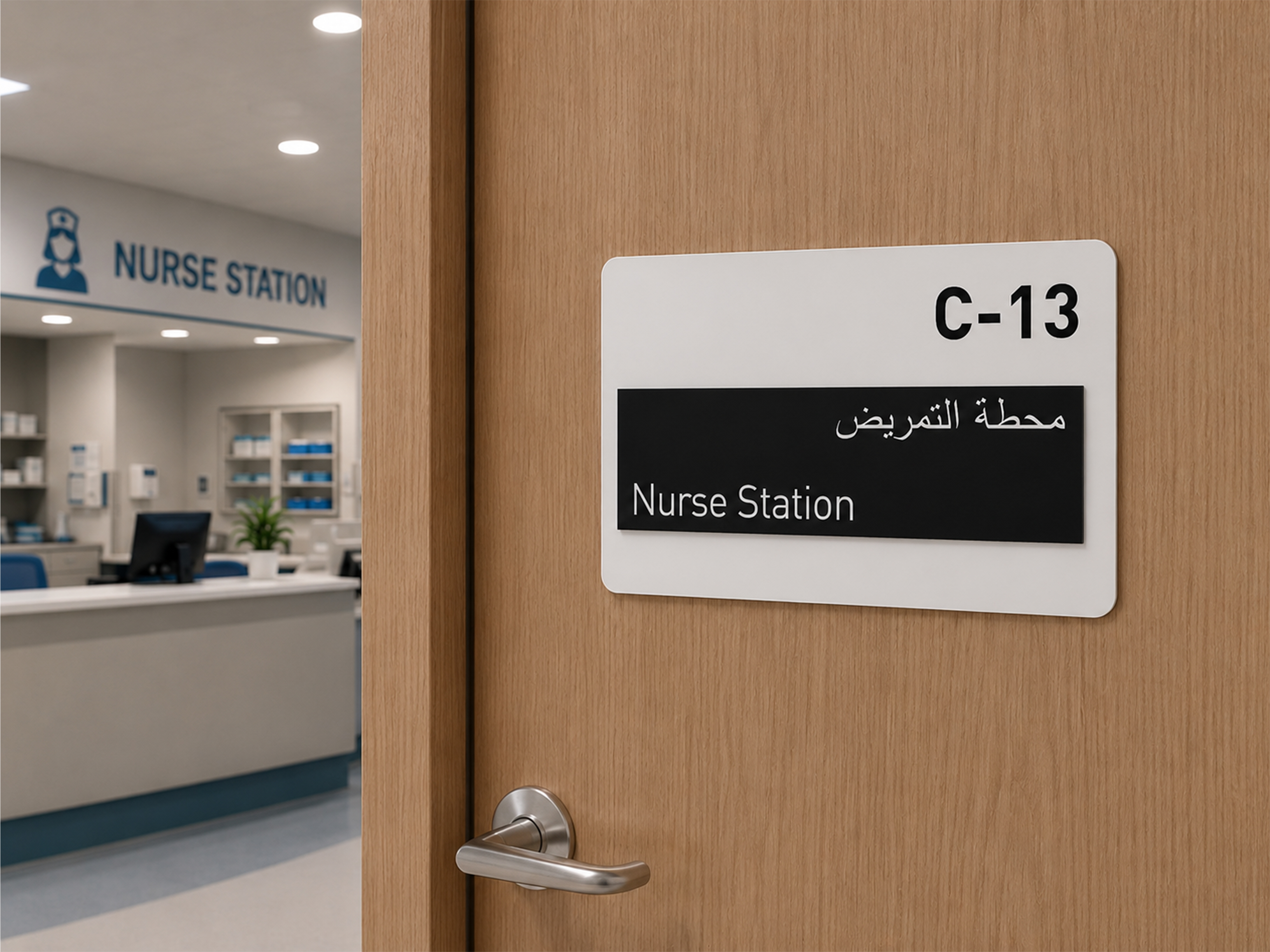 Overhead wayfinding sign directing to nurse station