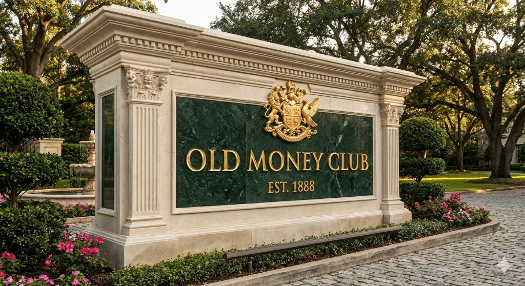 Old Money Club classical monument entrance sign