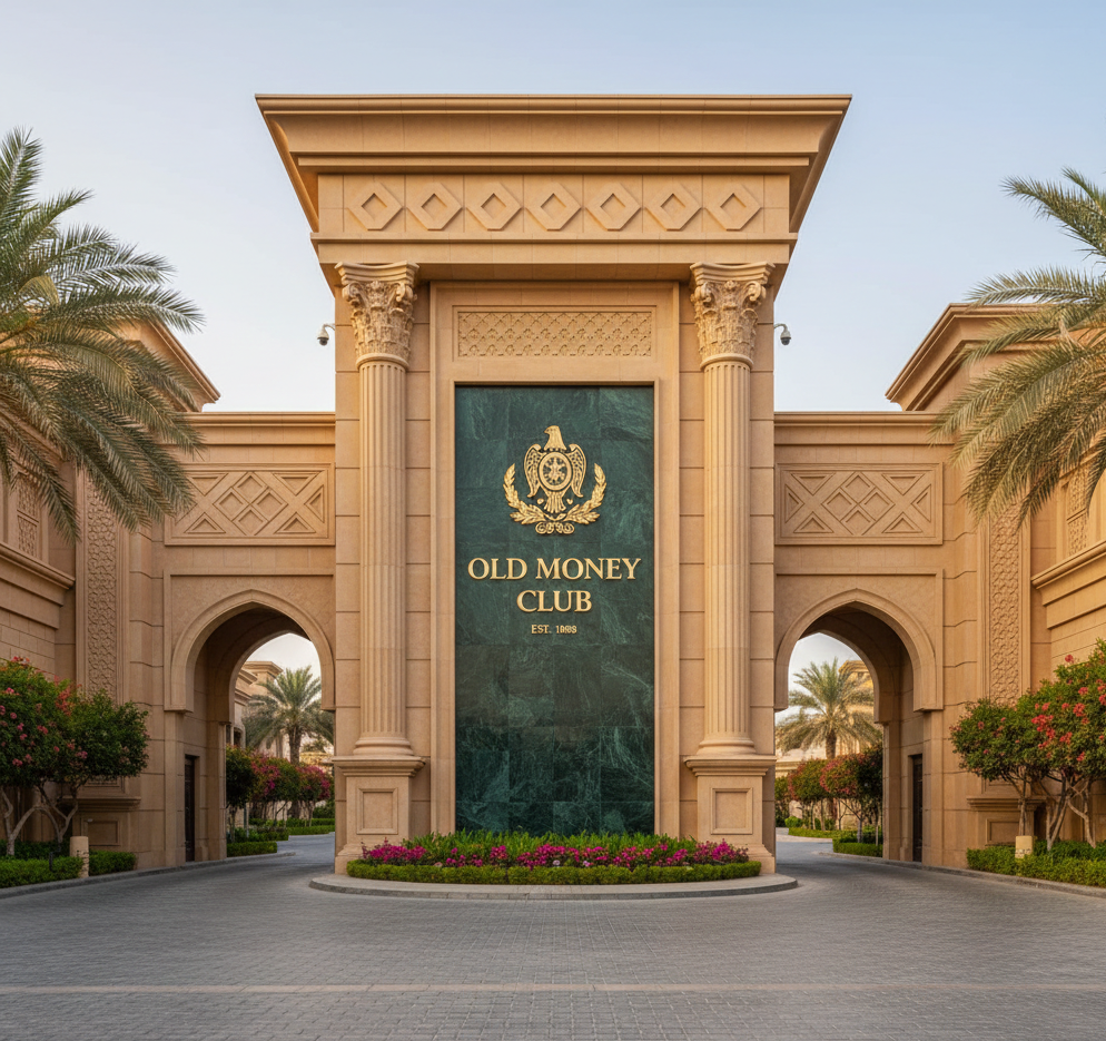 Old Money Club entrance monument with directional character