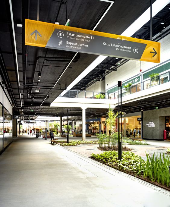 Yellow parking garage directional signs in a modern interior