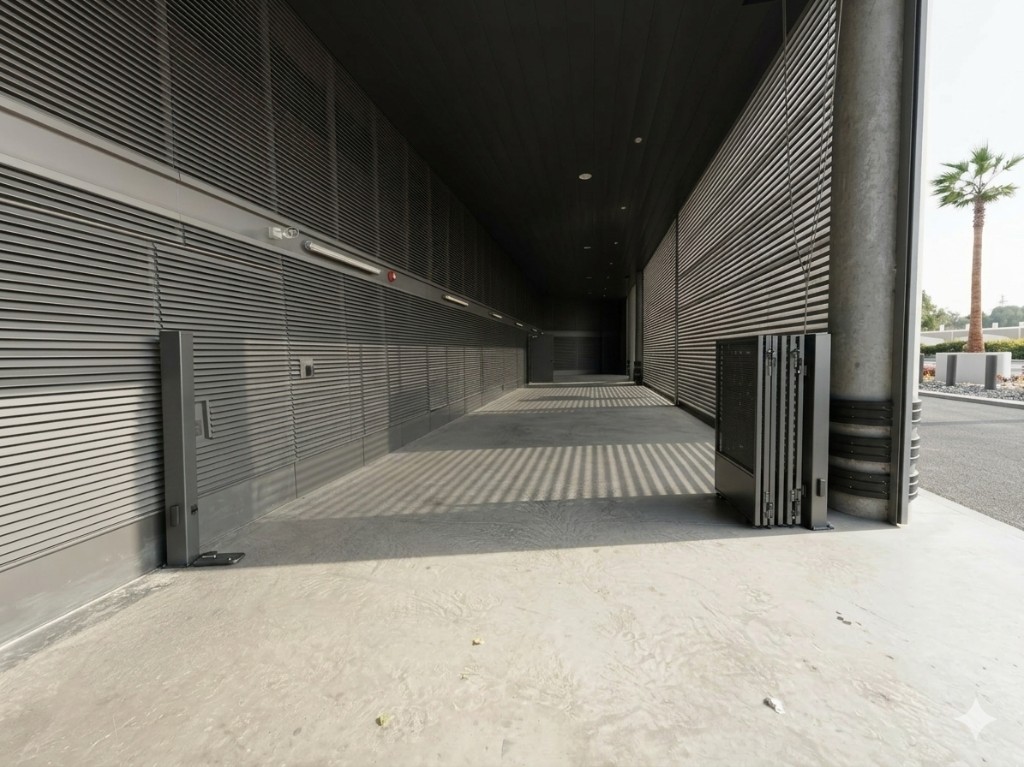 Perforated metal folding gate open in louvered corridor