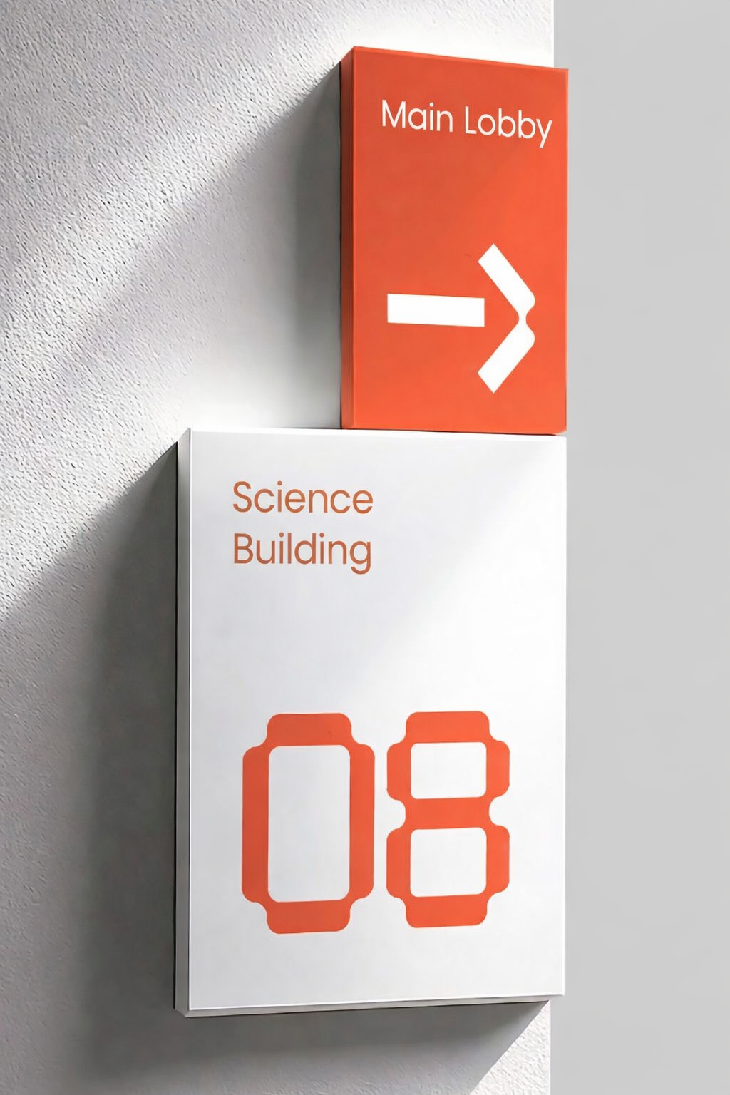 Red building directional totem sign with large floor number
