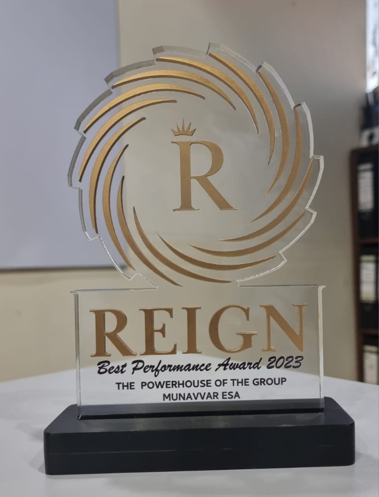 Reign Best Performance Award 2023 acrylic trophy close-up
