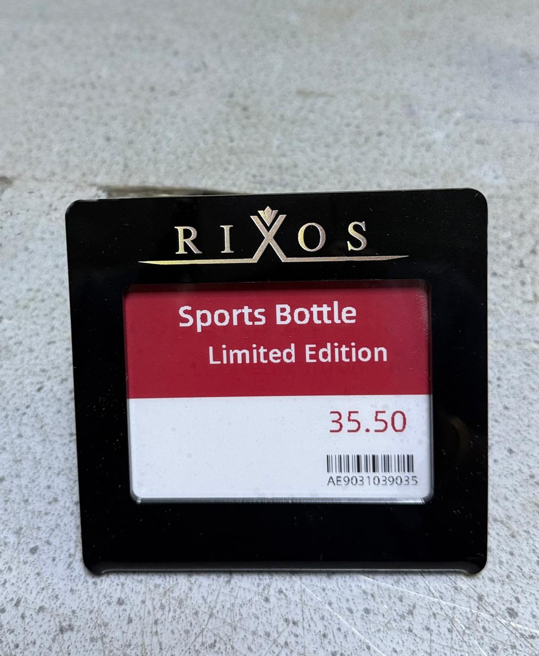 Black Rixos retail price plaque for limited edition sports bottle