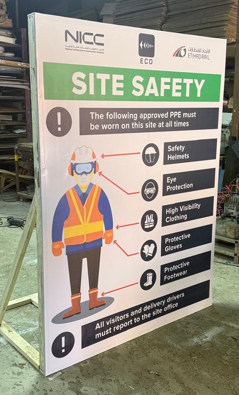 Site safety poster sign with protective equipment icons