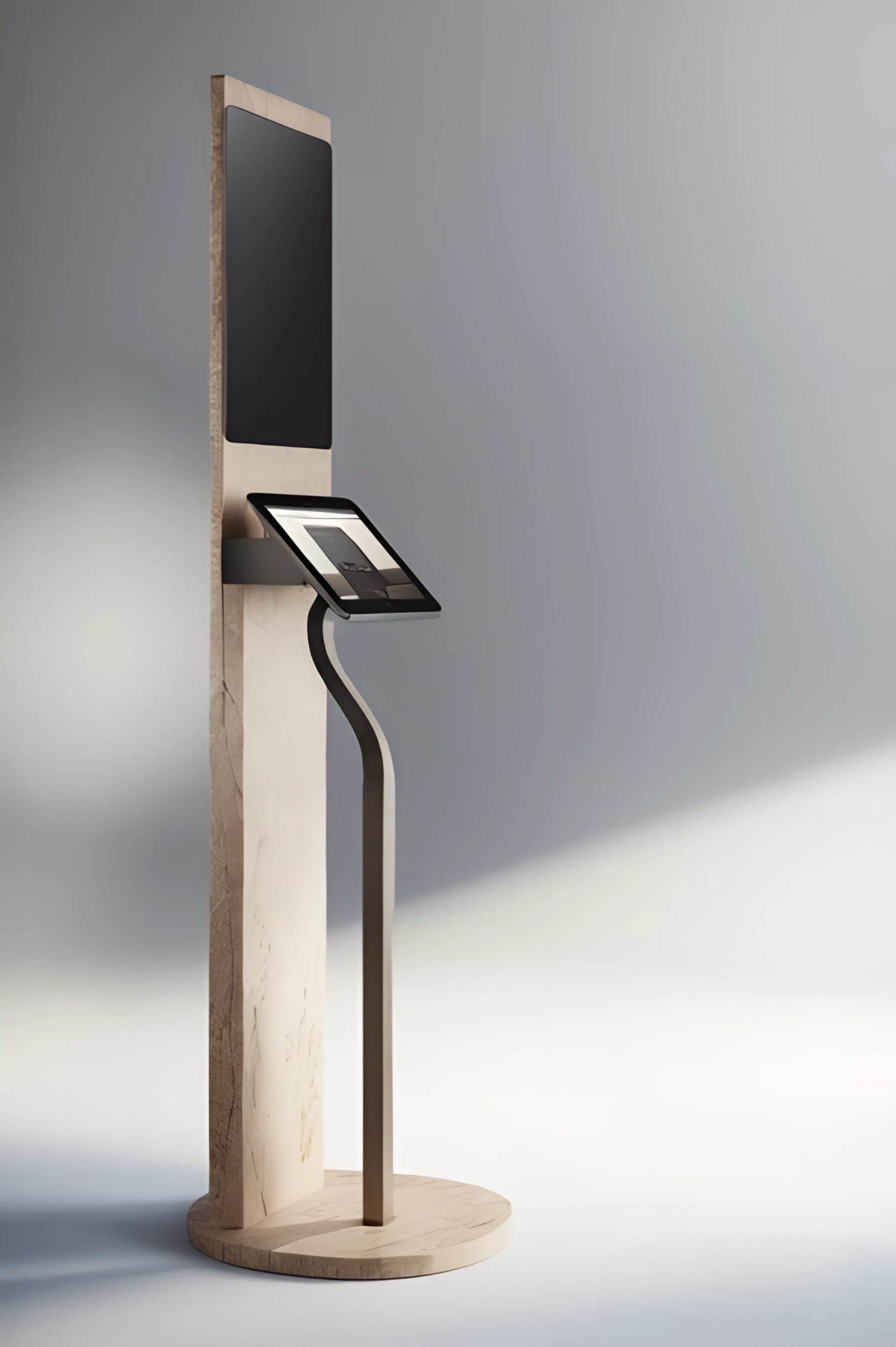 Slim freestanding digital kiosk with angled touch screen