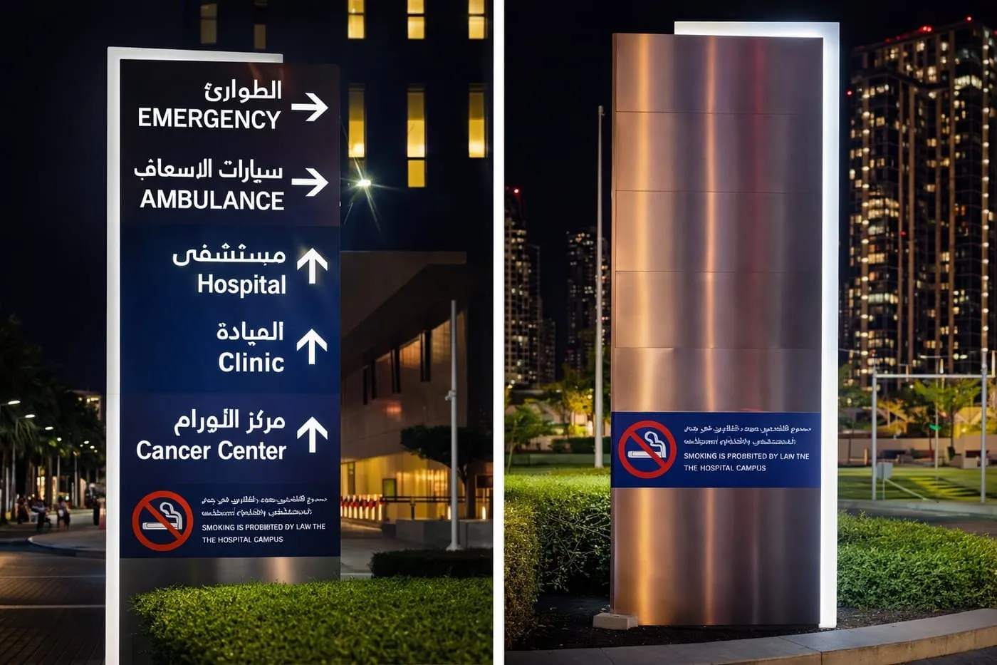 Illuminated directional pylons showing hospital destinations and visitor guidance