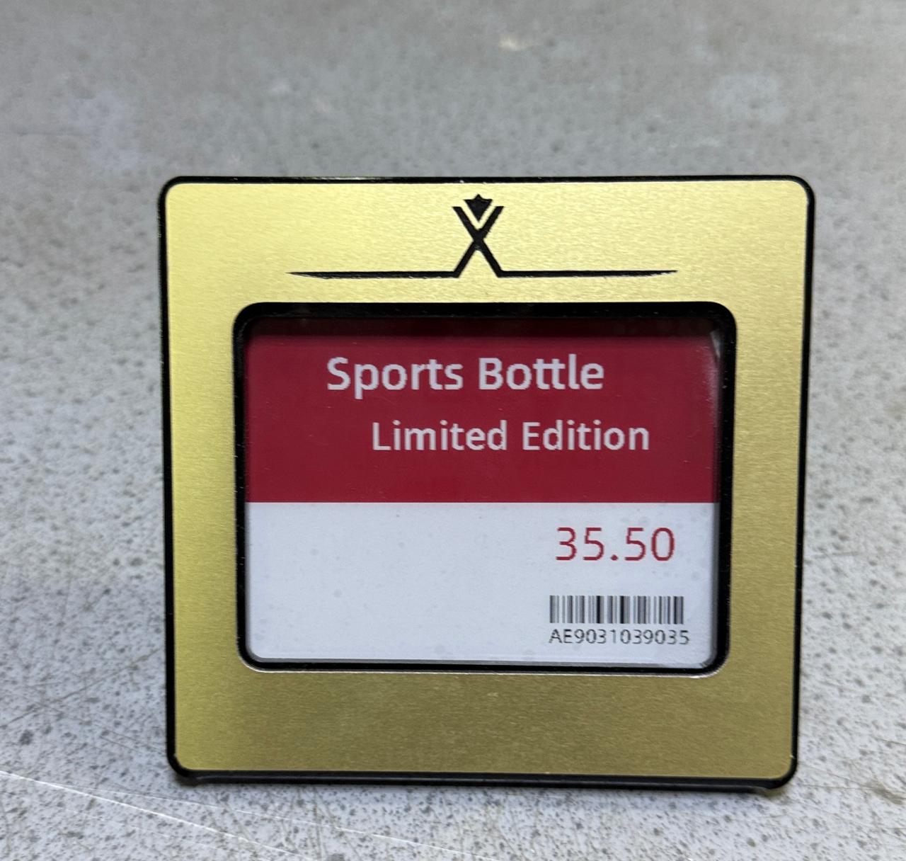 Gold retail price plaque for limited edition sports bottle