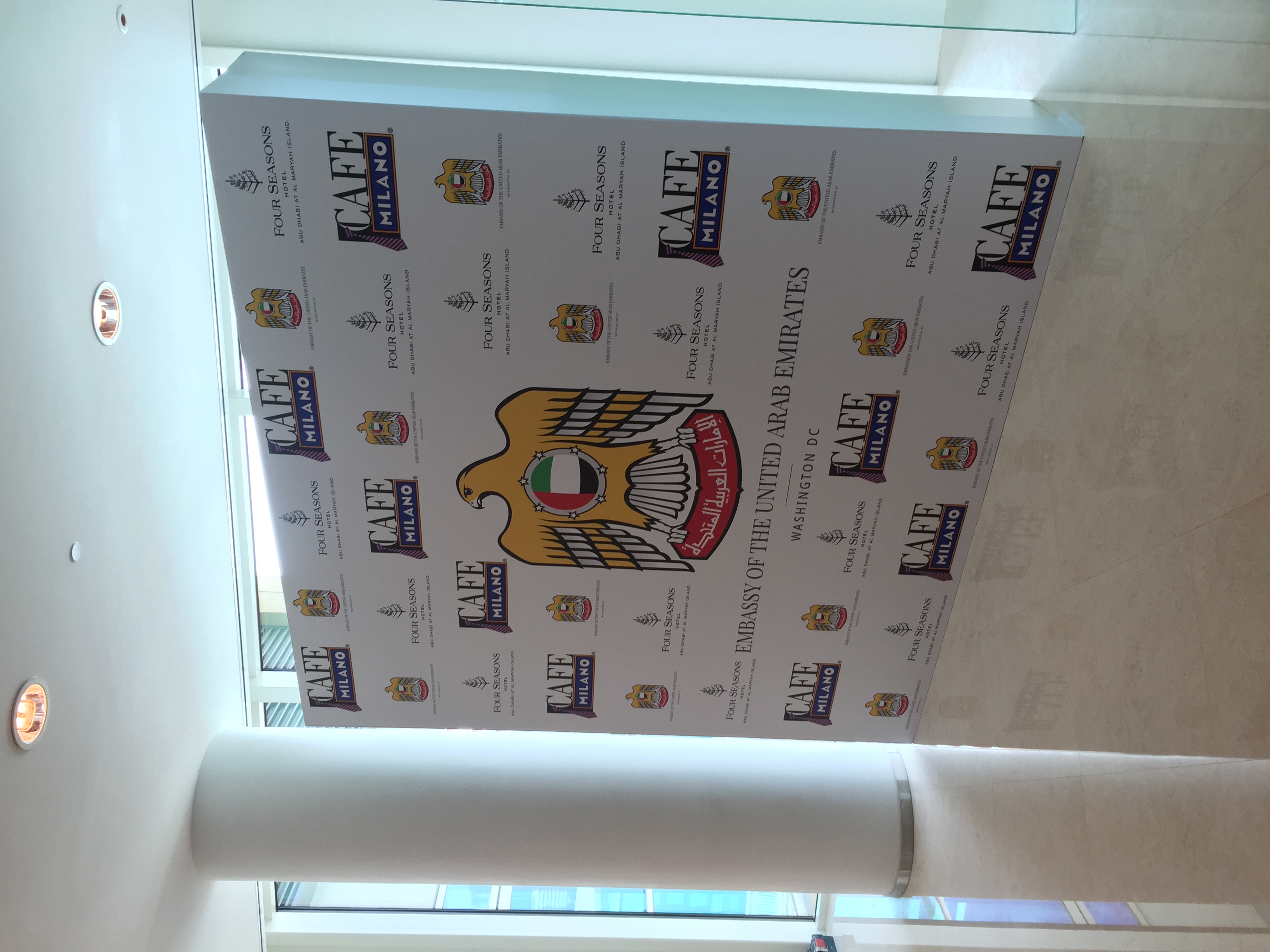Ceiling installation with UAE crest and repeating logo pattern