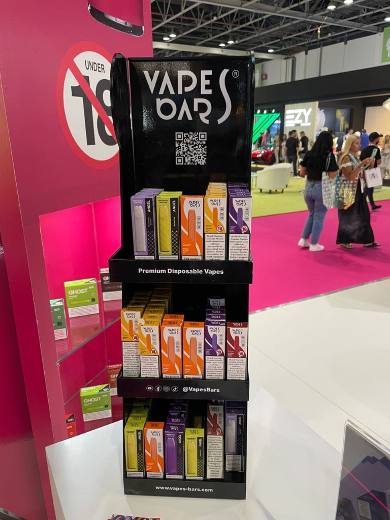 Vapes Bar black acrylic three-tier trade show display