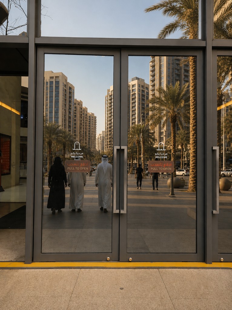 Fabricated glass entrance with bilingual welcome and pull signage