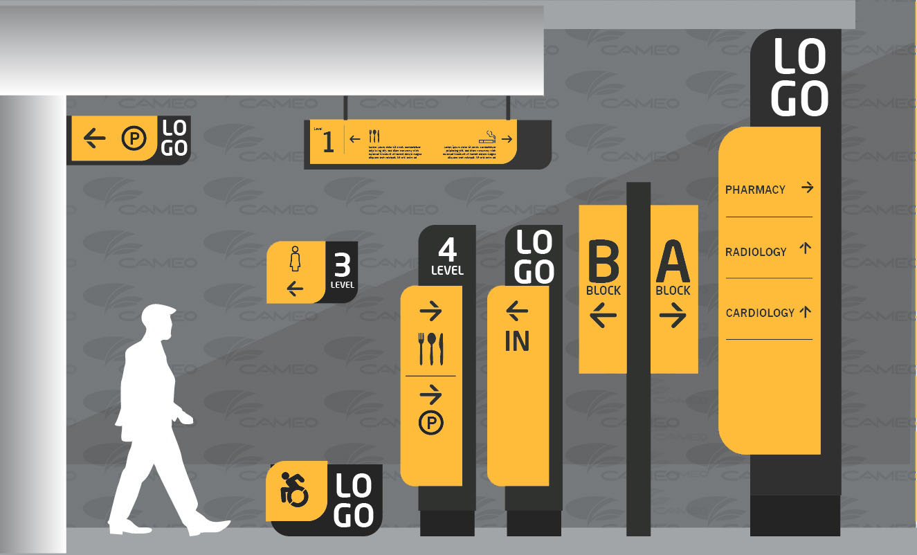 Yellow and black wayfinding family concept for interior navigation